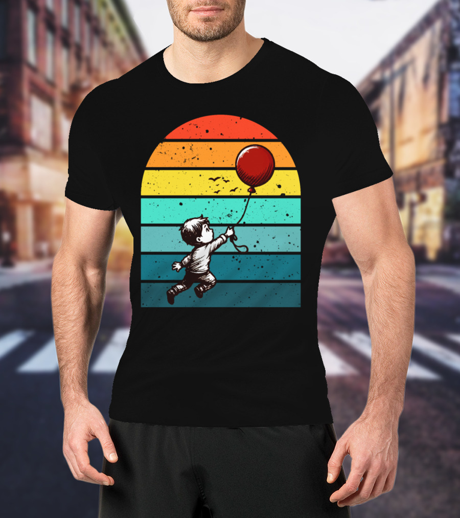 Childhood Nostalgia Boy With Balloon Rainbow Stripes T-Shirt