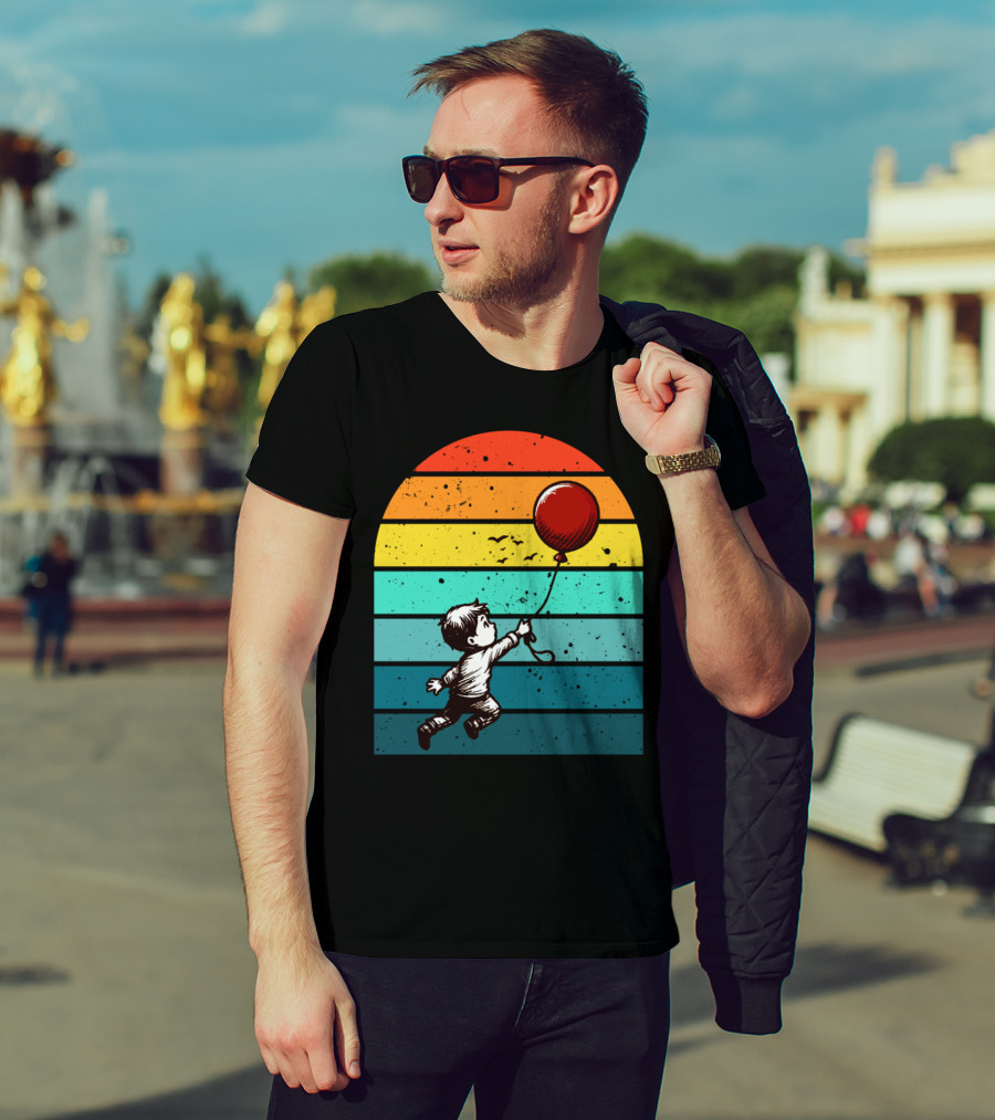Childhood Nostalgia Boy With Balloon Rainbow Stripes T-Shirt