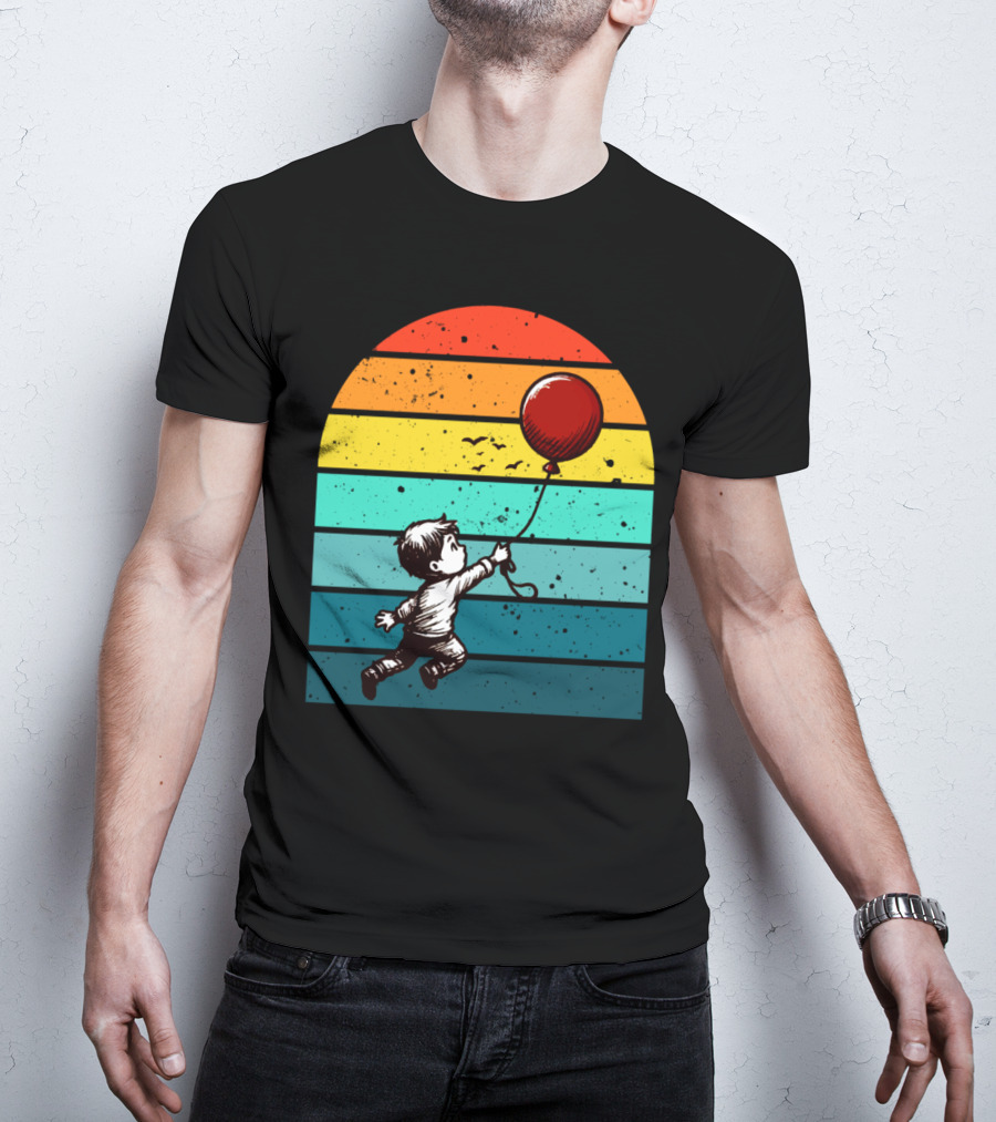 Childhood Nostalgia Boy With Balloon Rainbow Stripes T-Shirt
