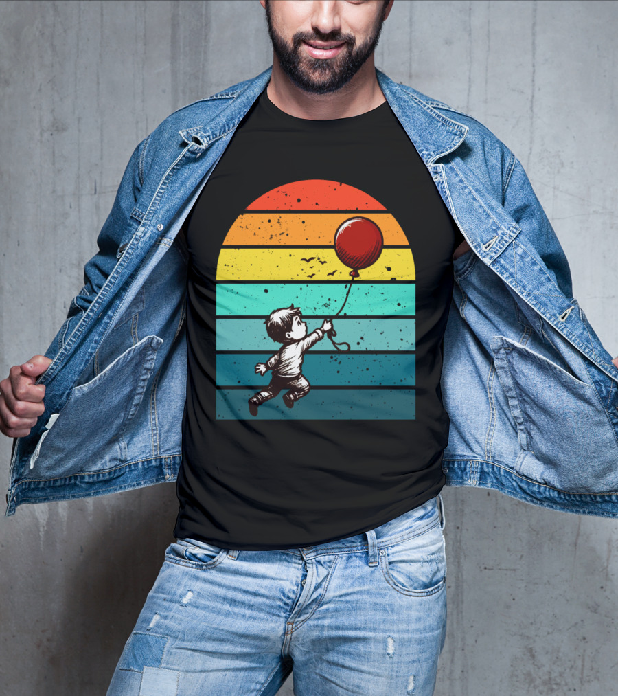 Childhood Nostalgia Boy With Balloon Rainbow Stripes T-Shirt