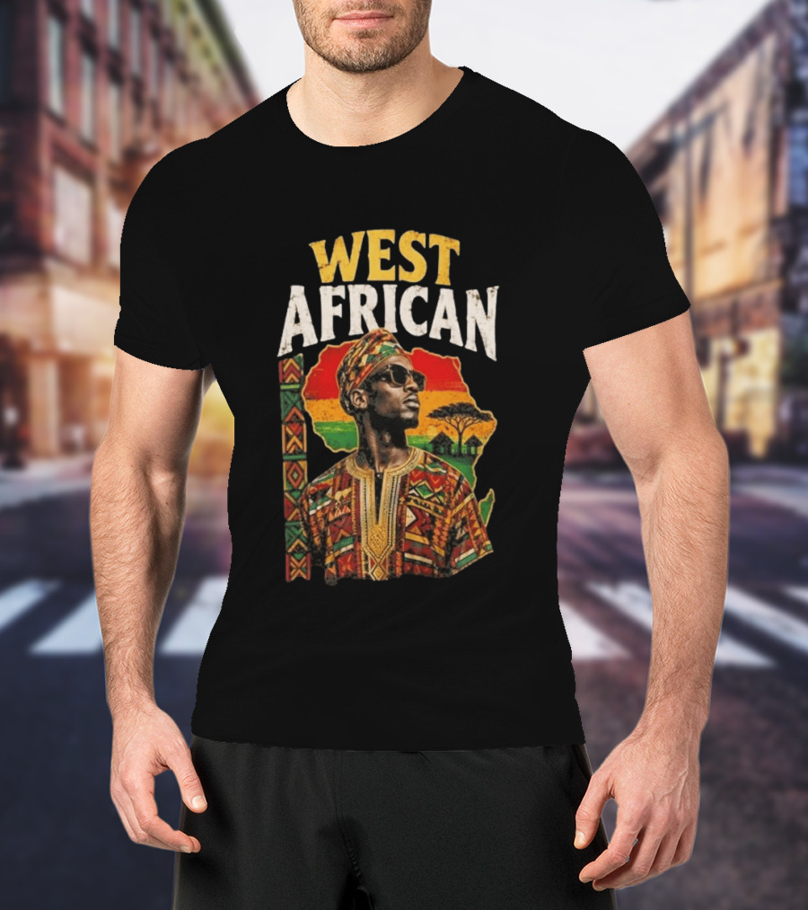 West African Traditional Attire With African Map And Sunset T-Shirt