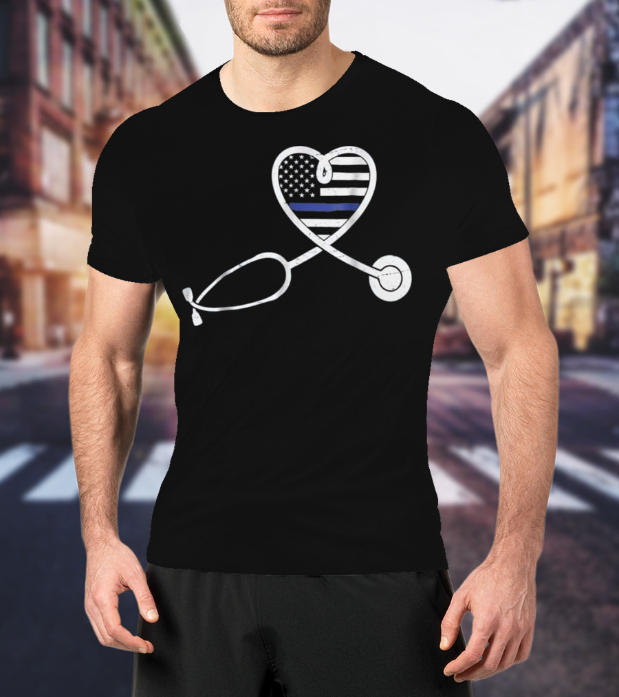 Thin Blue Line Nurse Wife Police Officer Heart Support Love T-Shirt