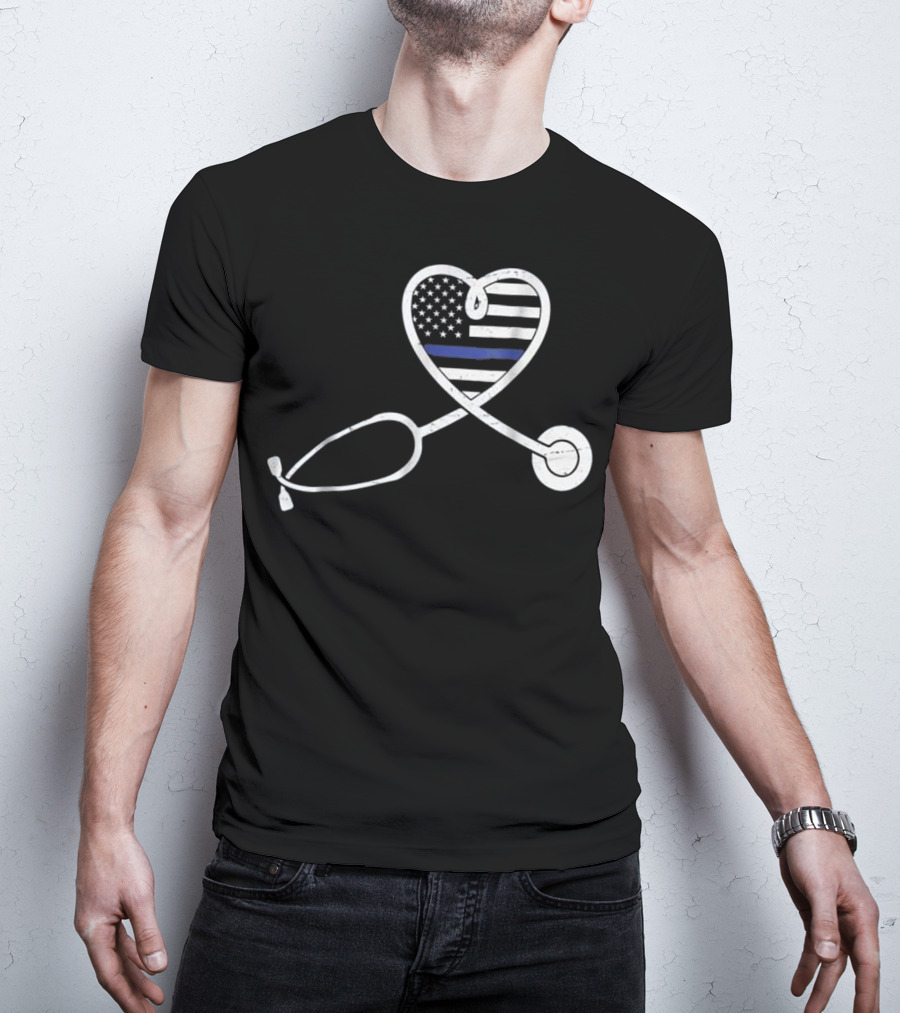 Thin Blue Line Nurse Wife Police Officer Heart Support Love T-Shirt