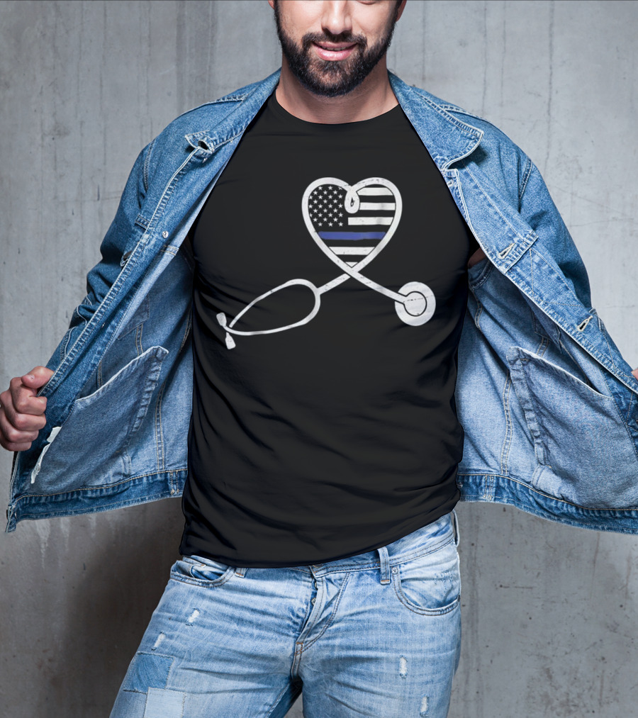 Thin Blue Line Nurse Wife Police Officer Heart Support Love T-Shirt