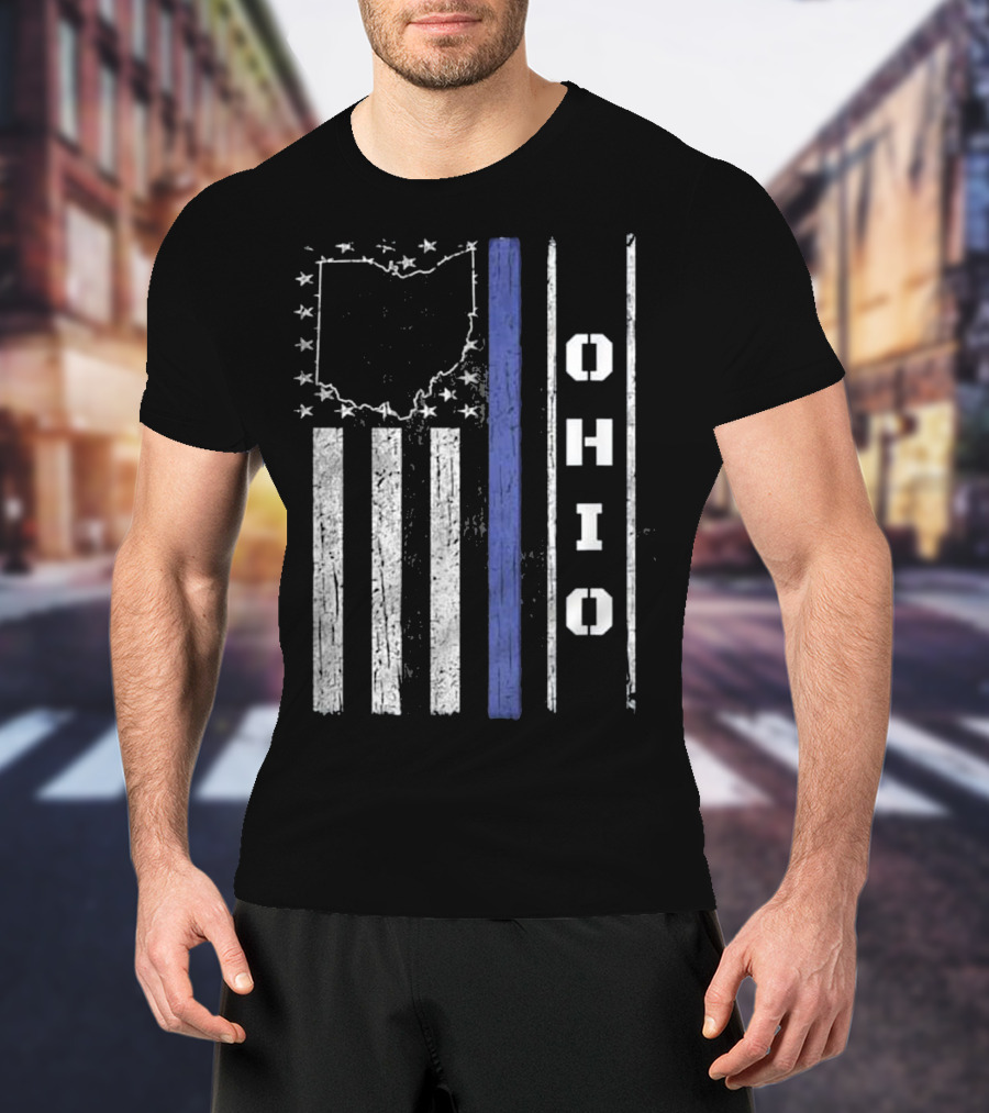 Ohio Thin Blue Line Flag With State Outline And Stars T-Shirt