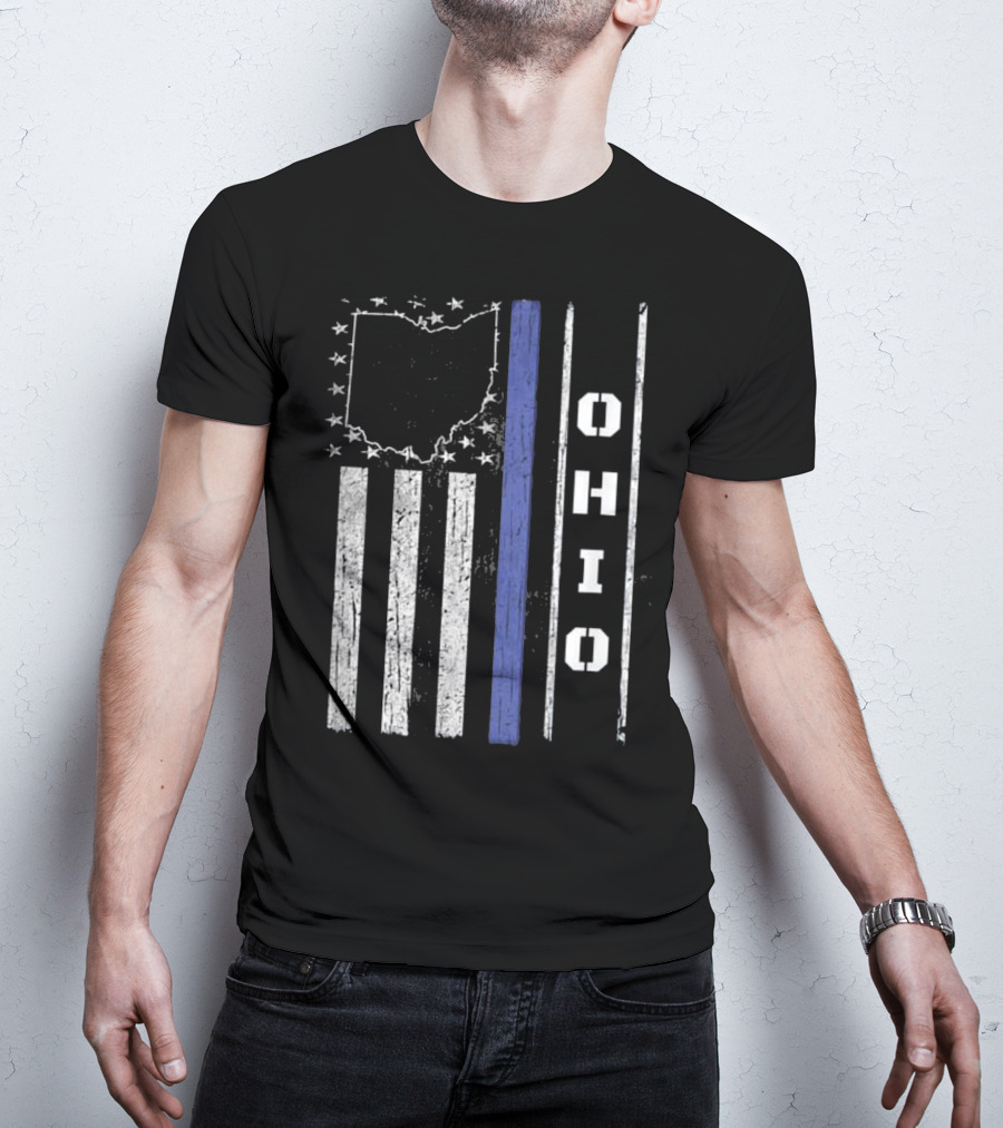 Ohio Thin Blue Line Flag With State Outline And Stars T-Shirt