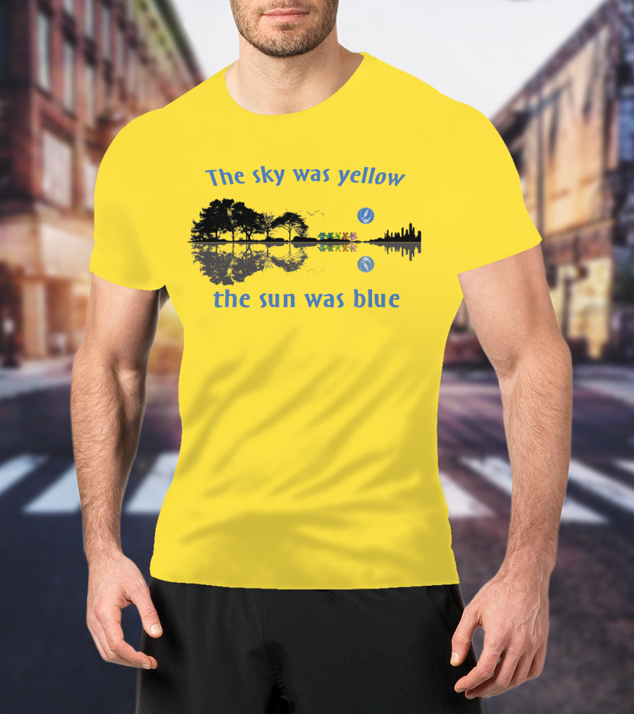 The Sky Was Yellow The Sun Was Blue Reflective Landscape And City Skyline T-Shirt