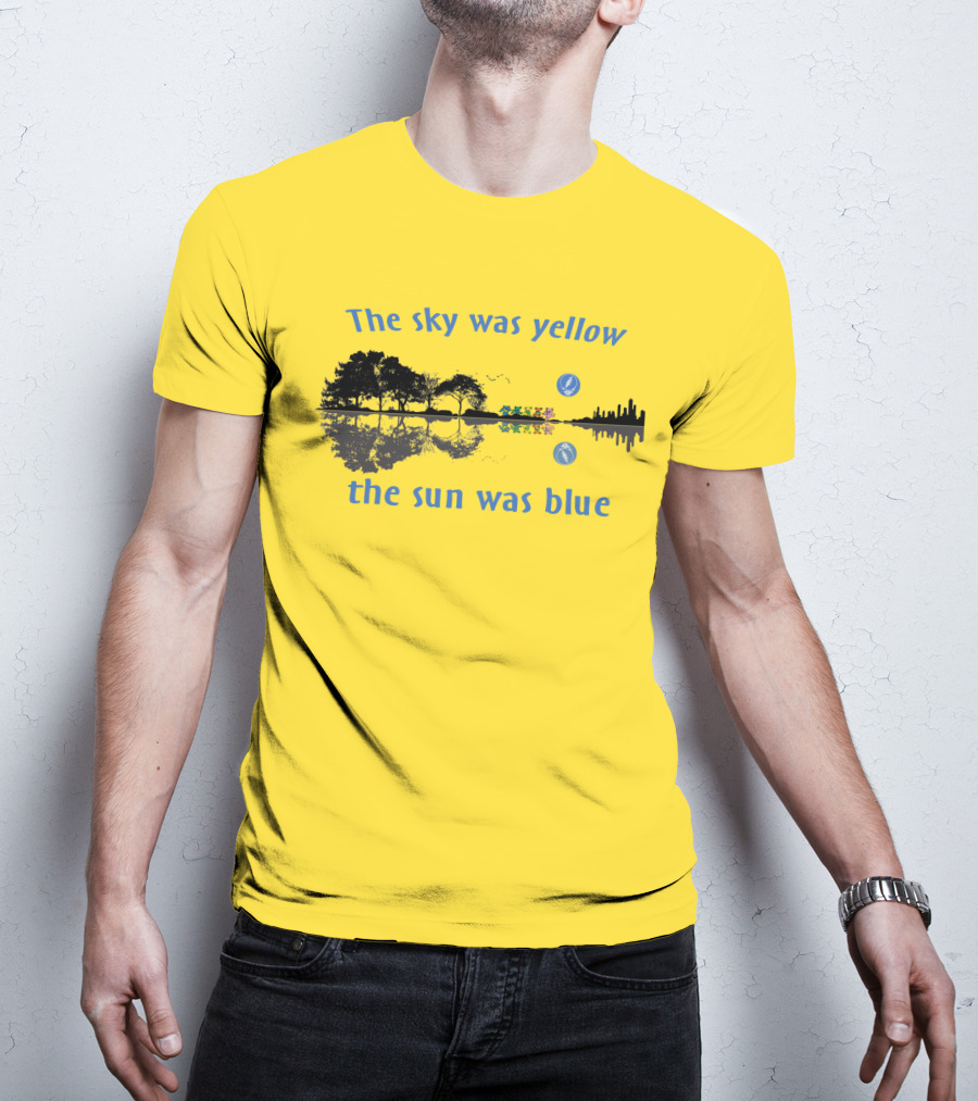 The Sky Was Yellow The Sun Was Blue Reflective Landscape And City Skyline T-Shirt