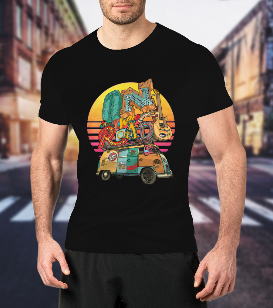On The Road Retro Sunset Van And Guitar Adventure T-Shirt