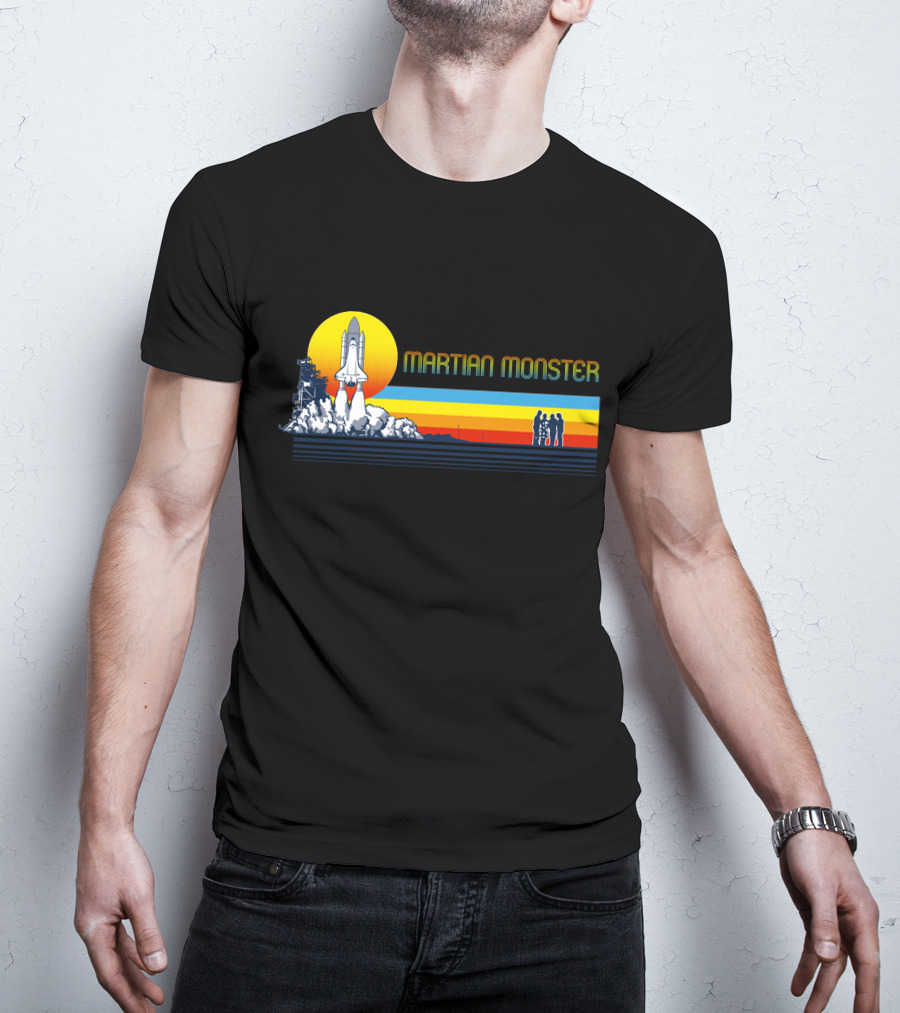 Martian Monster Space Shuttle Launch Rocket Silhouette Retro Sunset T-Shirt
