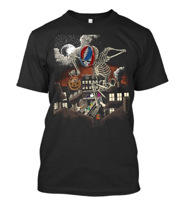 Grateful Dead Halloween Skeleton With Pumpkin And Dancing Bears Under Full Moon T-Shirt