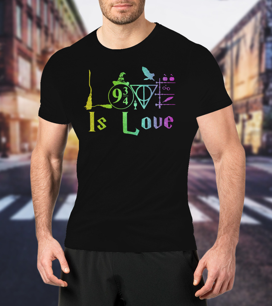Love Is Love 9 3/4 Rainbow Hogwarts Symbols T-Shirt