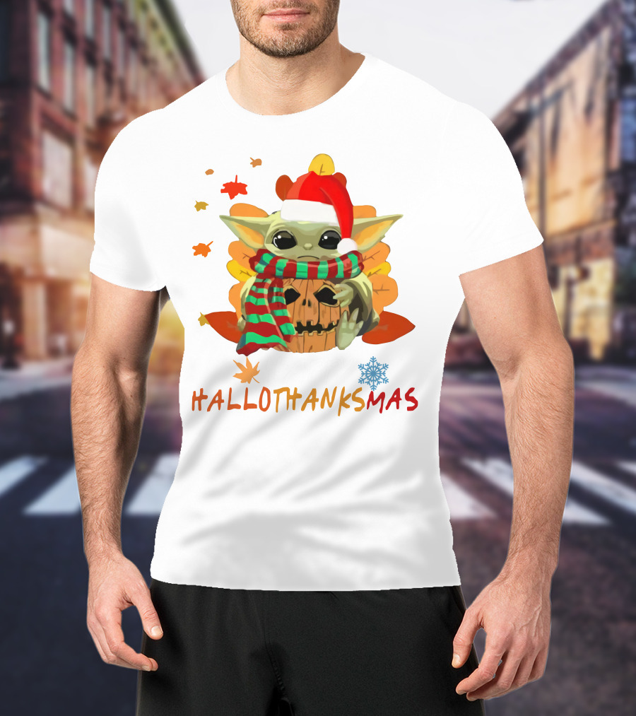 HALLOTHANKSMAS Baby Yoda Pumpkin Scarf Santa Hat Leaves Snowflake T-Shirt