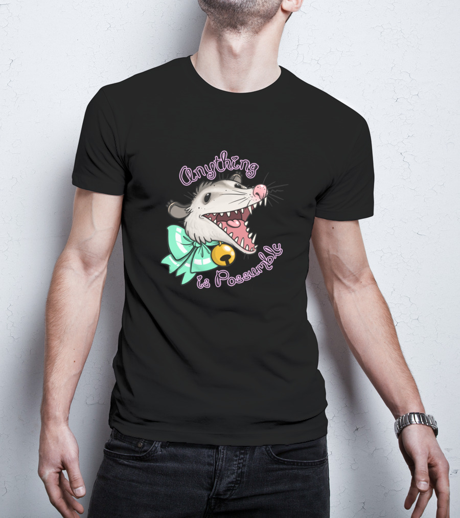 Anything Is Possumble Cute Cartoon Opossum With Bow And Bell T-Shirt