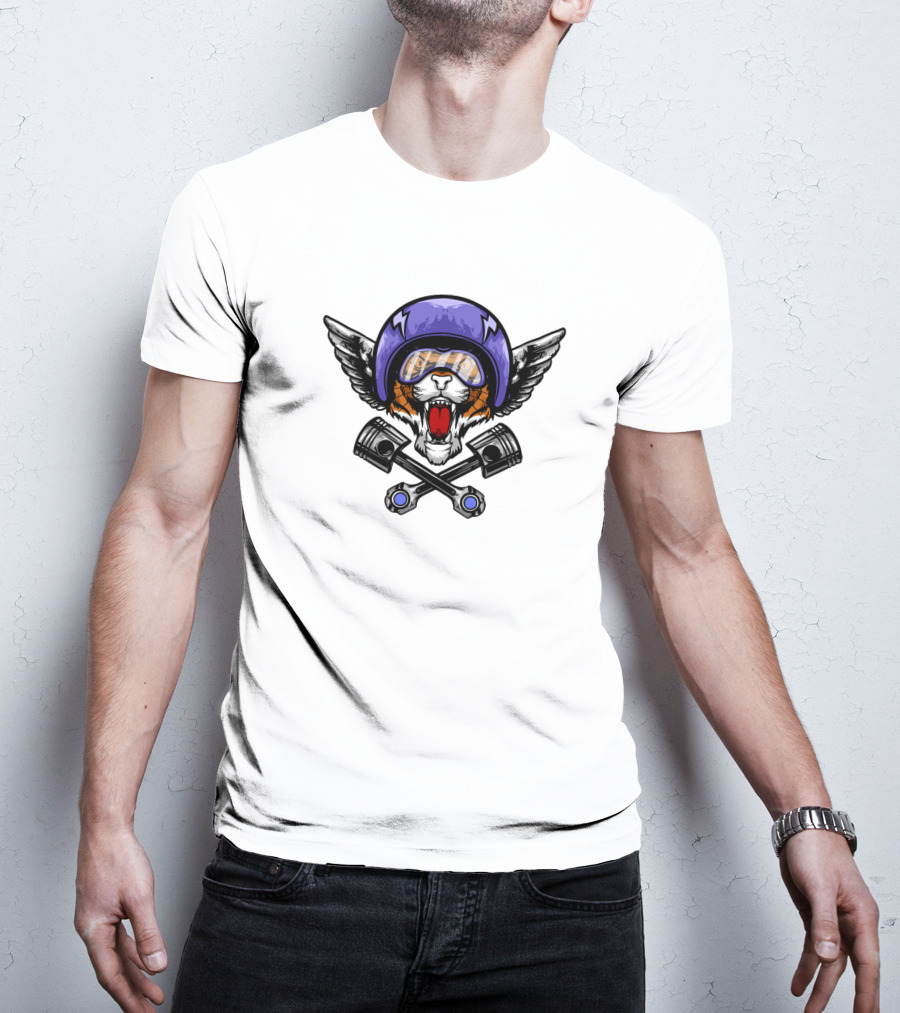 Auman Tiger 1443279 Winged Helmet Tiger With Goggles And Crossed Pistons T-Shirt
