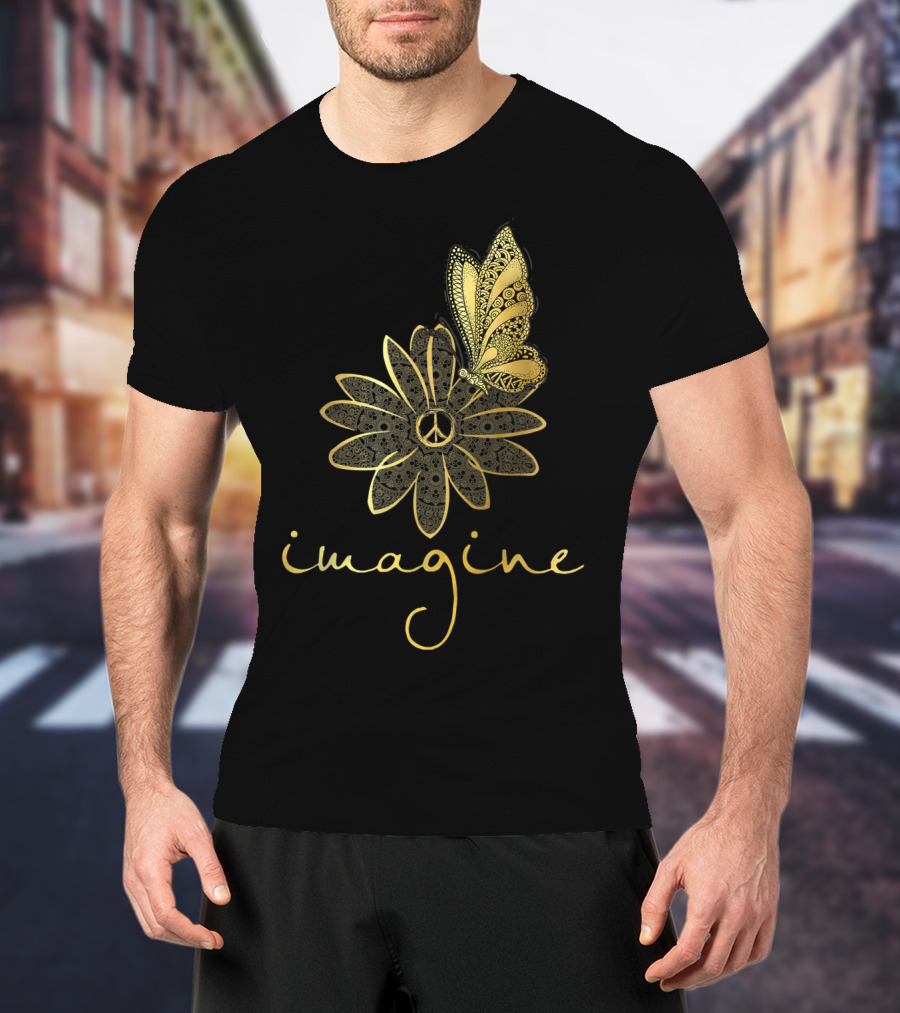 Imagine Flower Butterfly Peace Mandala T-Shirt