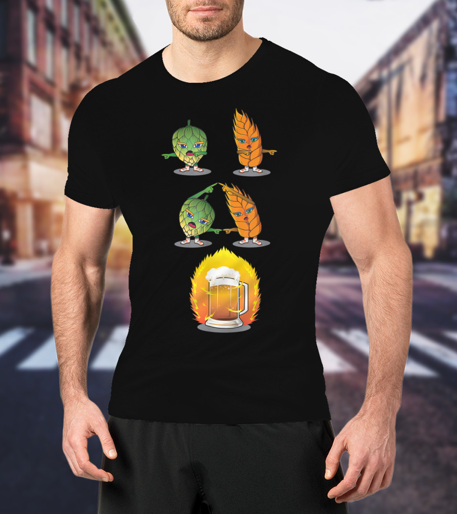 Funny Beer Fusion Hop And Malt Characters With Beer Mug Explosion T-Shirt
