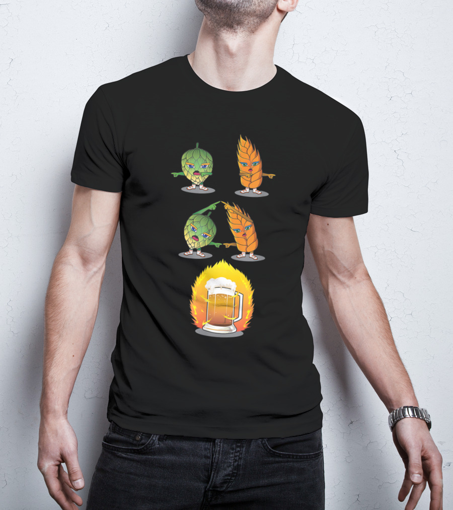 Funny Beer Fusion Hop And Malt Characters With Beer Mug Explosion T-Shirt