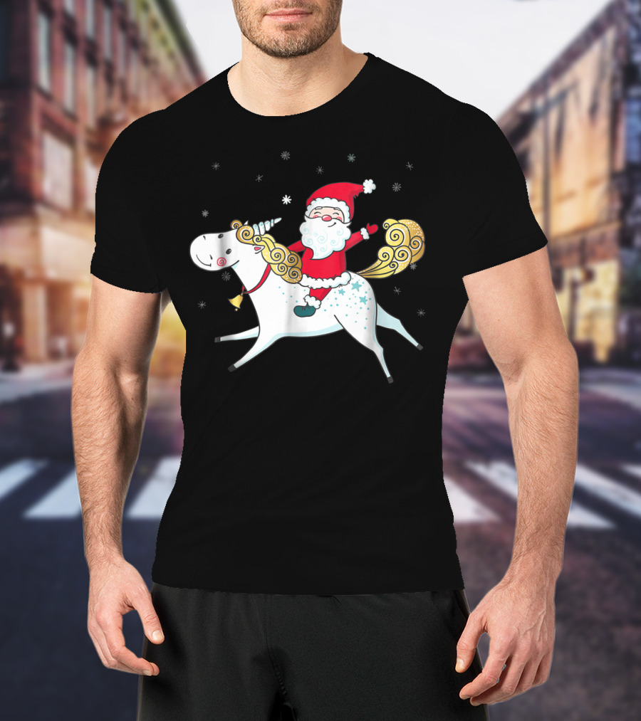 Funny Santa Claus Riding A Unicorn Christmas Noel T-Shirt