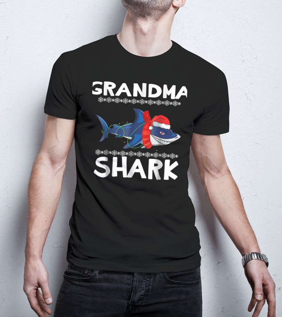 Grandma Shark Ugly Christmas With Santa Hat And Scarf T-Shirt