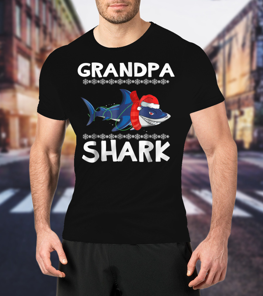 Grandpa Shark Christmas With Santa Hat And Holiday Lights T-Shirt