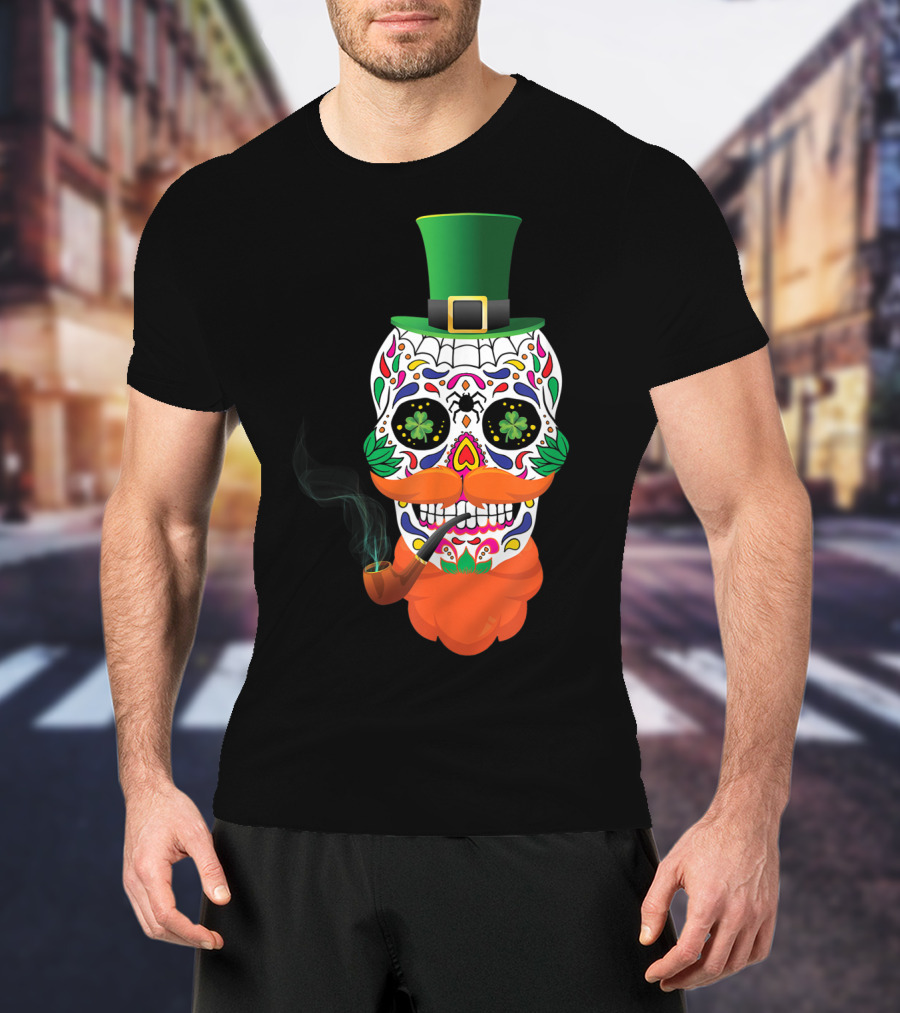 Irish Sugar Skull Leprechaun St Patricks Day Clover Pipe Hat Colorful T-Shirt