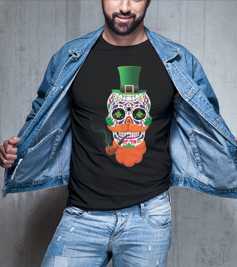 Irish Sugar Skull Leprechaun St Patricks Day Clover Pipe Hat Colorful T-Shirt