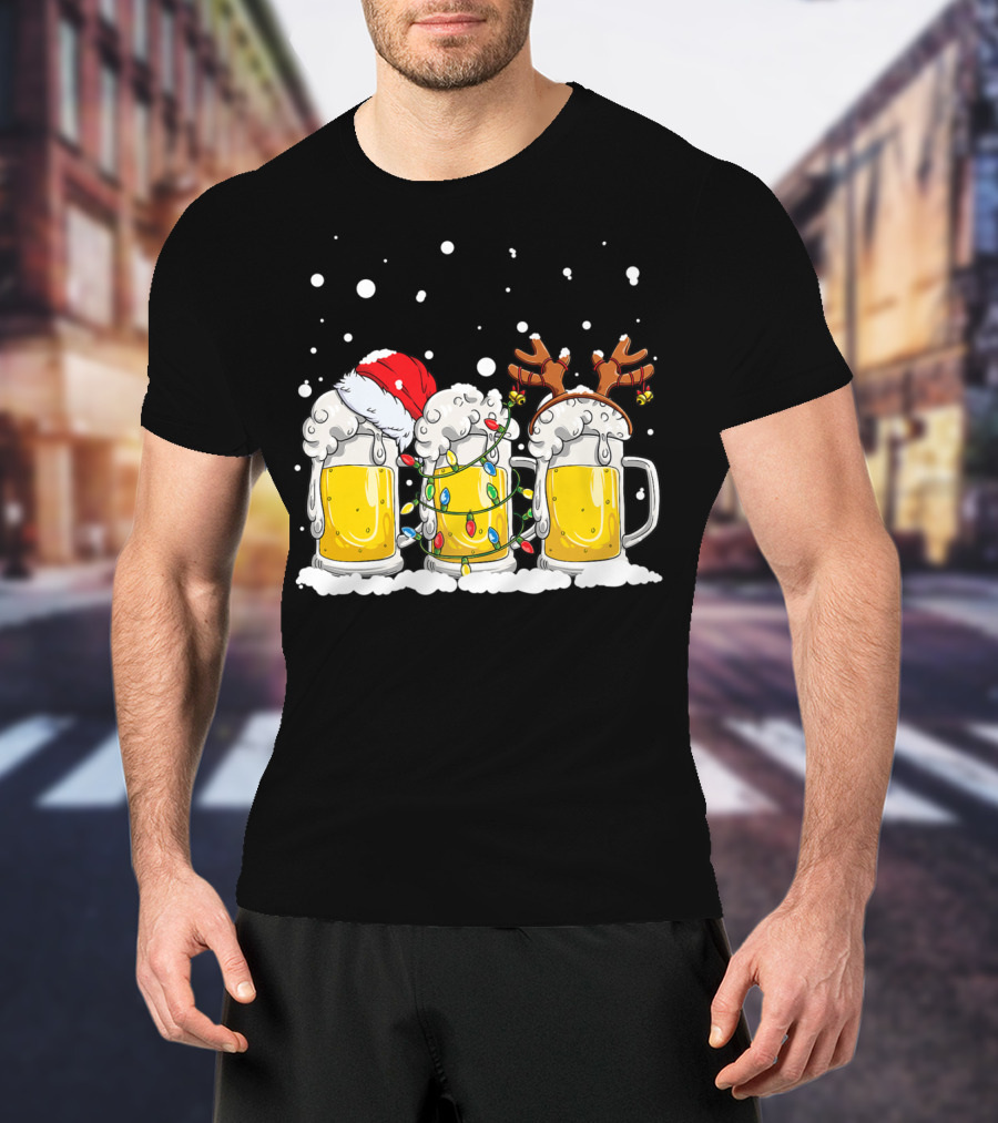 Beer Santa Christmas Lights Reinbeer Holiday Cheers T-Shirt
