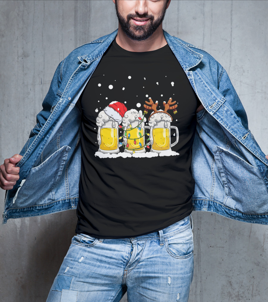 Beer Santa Christmas Lights Reinbeer Holiday Cheers T-Shirt