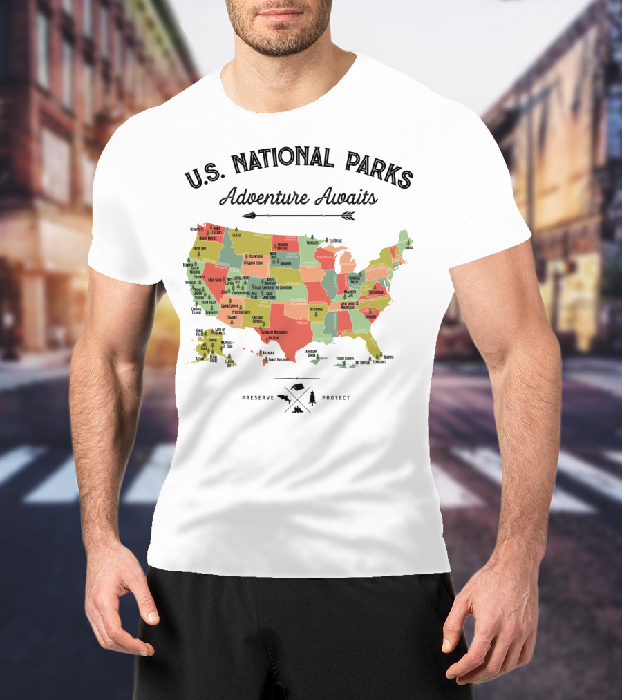 U.S. National Parks Adventure Awaits Map Preserve Protect Vintage Camping Hiking 59 US T-Shirt