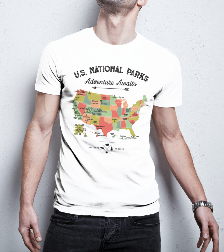 U.S. National Parks Adventure Awaits Map Preserve Protect Vintage Camping Hiking 59 US T-Shirt