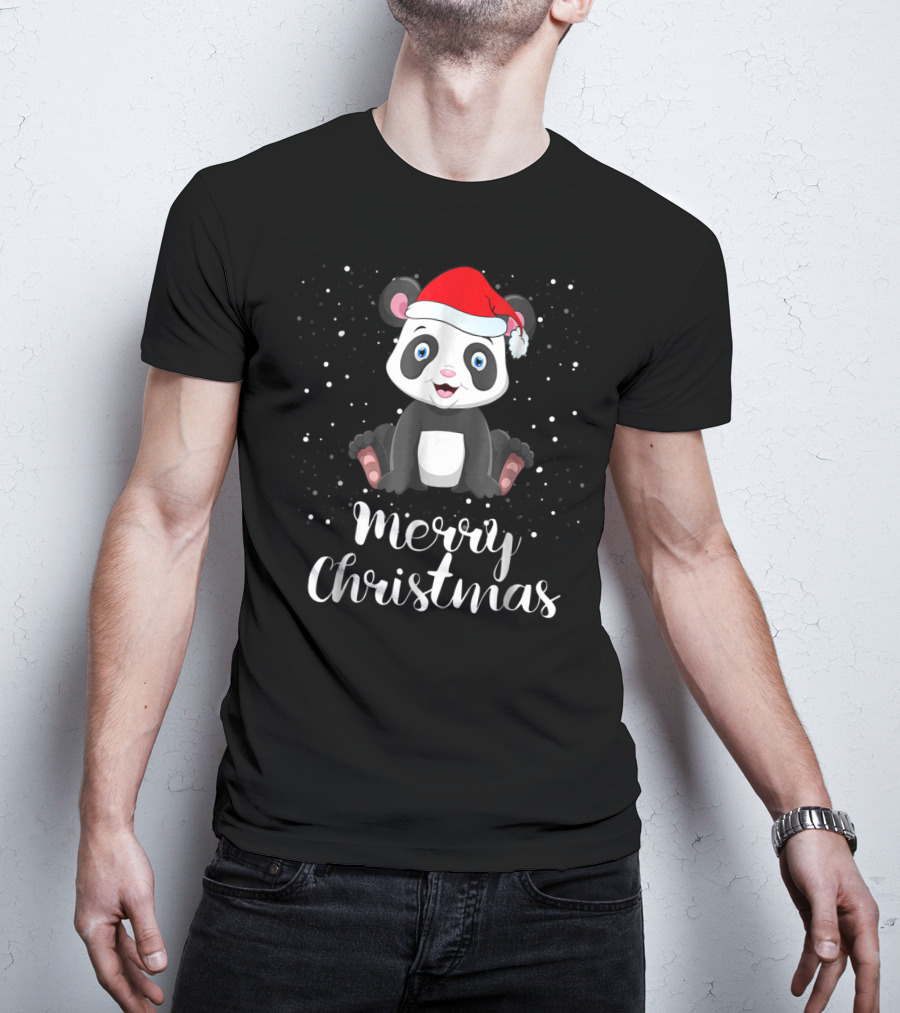 Merry Christmas Panda Bear Santa Hat Family Matching T-Shirt