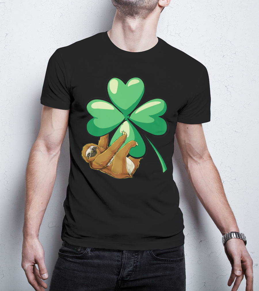 Sloth Hugging Shamrock St Patricks Day Women Girls Lucky Charm T-Shirt