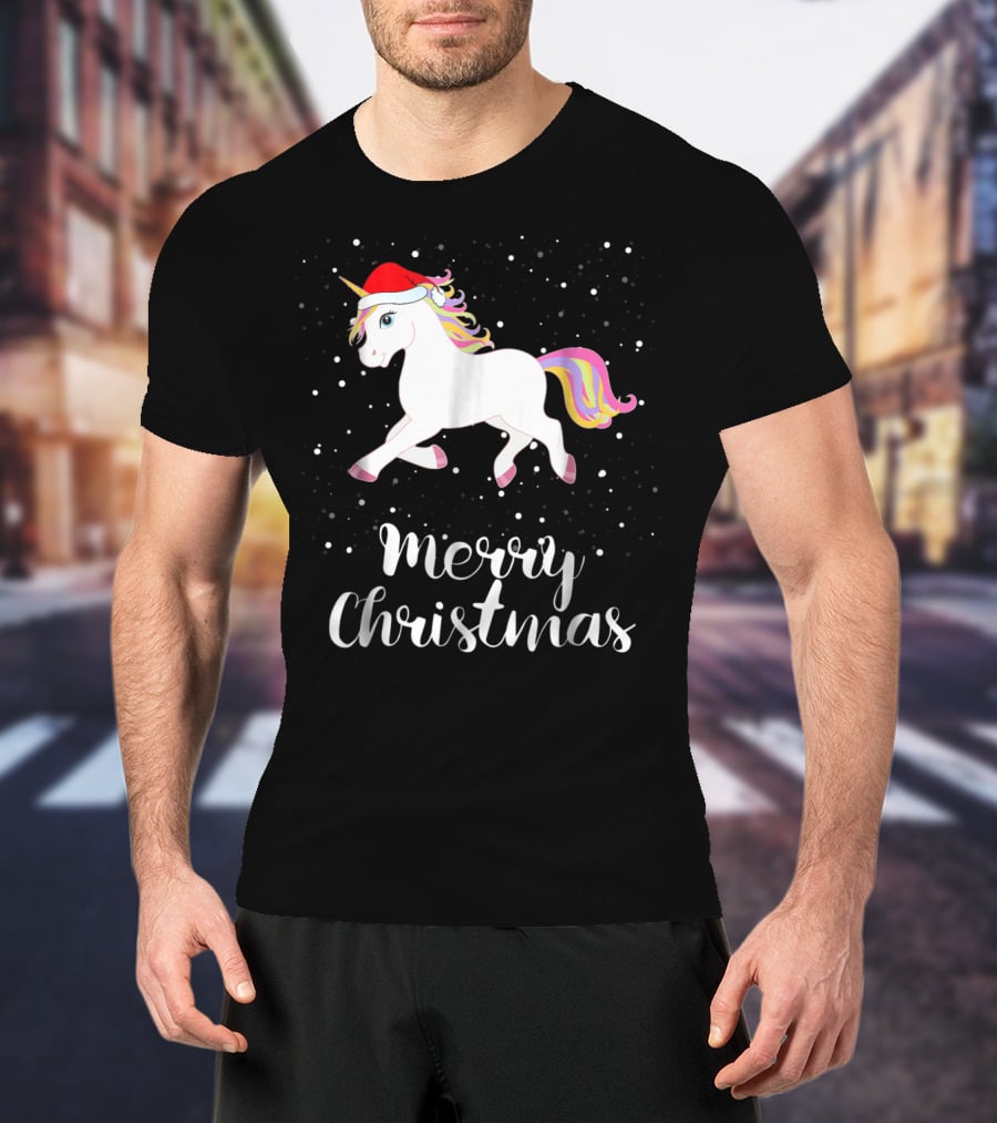 Merry Christmas Unicorn Santa Hat Family Group Matching T-Shirt