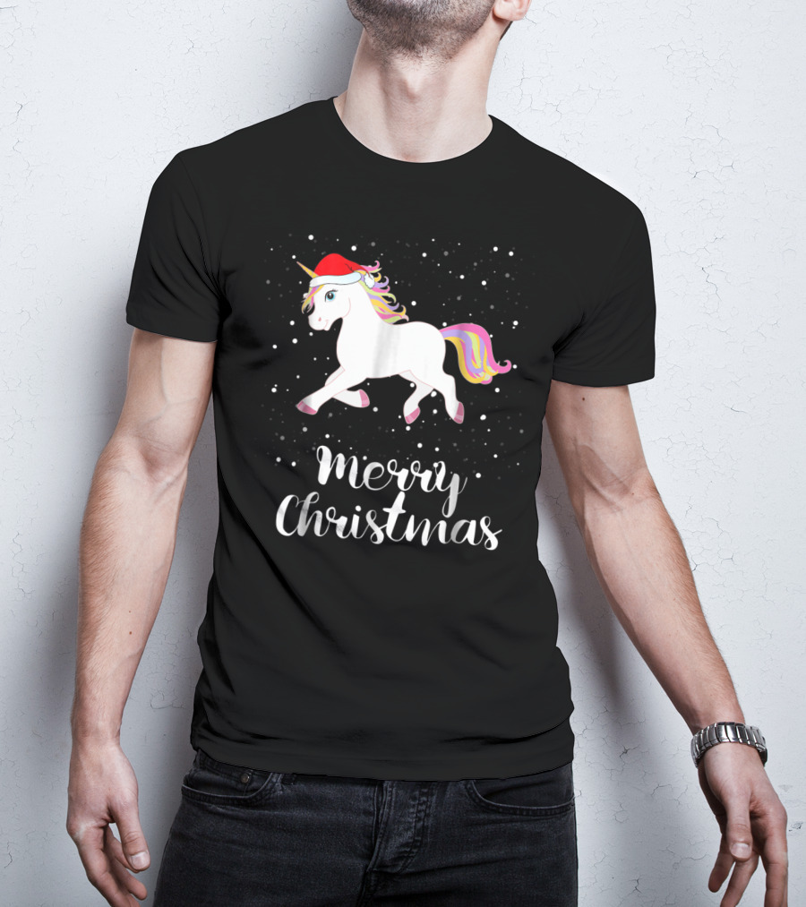 Merry Christmas Unicorn Santa Hat Family Group Matching T-Shirt