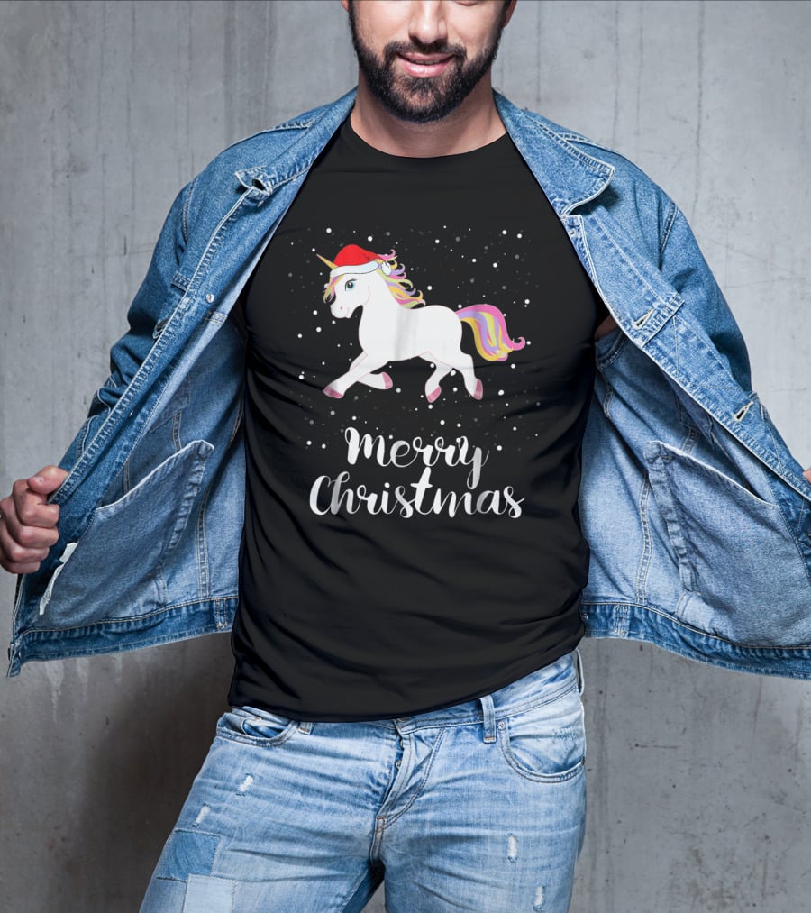 Merry Christmas Unicorn Santa Hat Family Group Matching T-Shirt