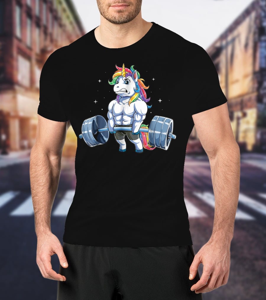 Unicorn Weightlifting Fitness Gym Deadlift Rainbow13 Muscular Mythical Beast Lifting Barbell T-Shirt