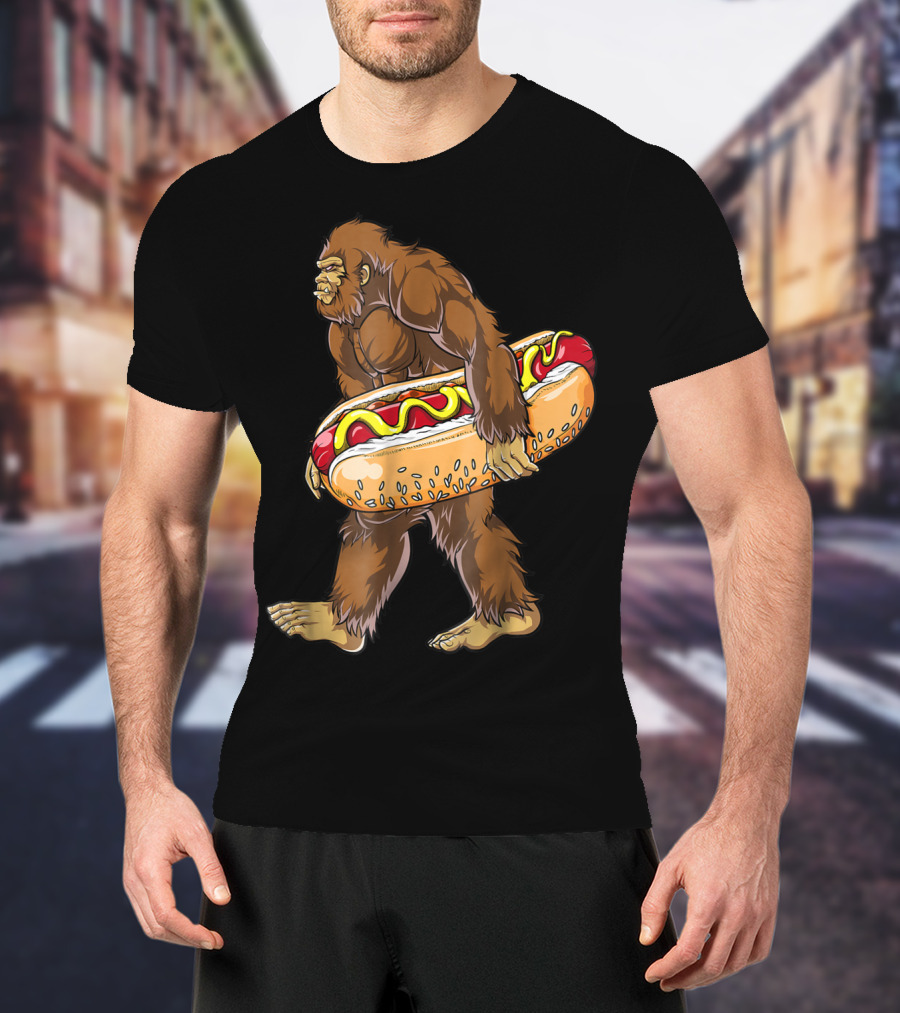 Bigfoot Carrying Giant Hotdog Sasquatch Food Lovers T-Shirt