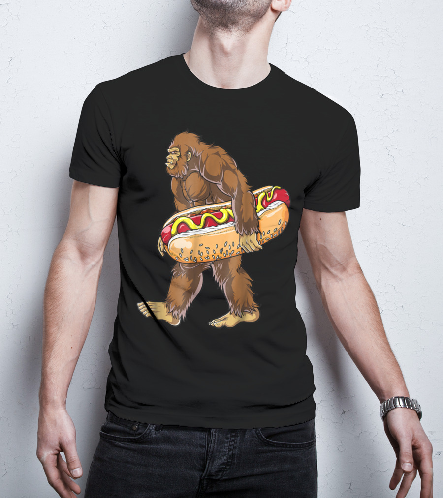 Bigfoot Carrying Giant Hotdog Sasquatch Food Lovers T-Shirt