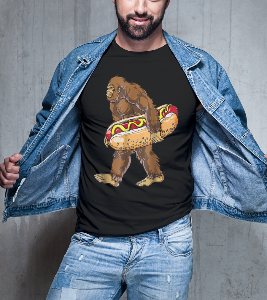 Bigfoot Carrying Giant Hotdog Sasquatch Food Lovers T-Shirt