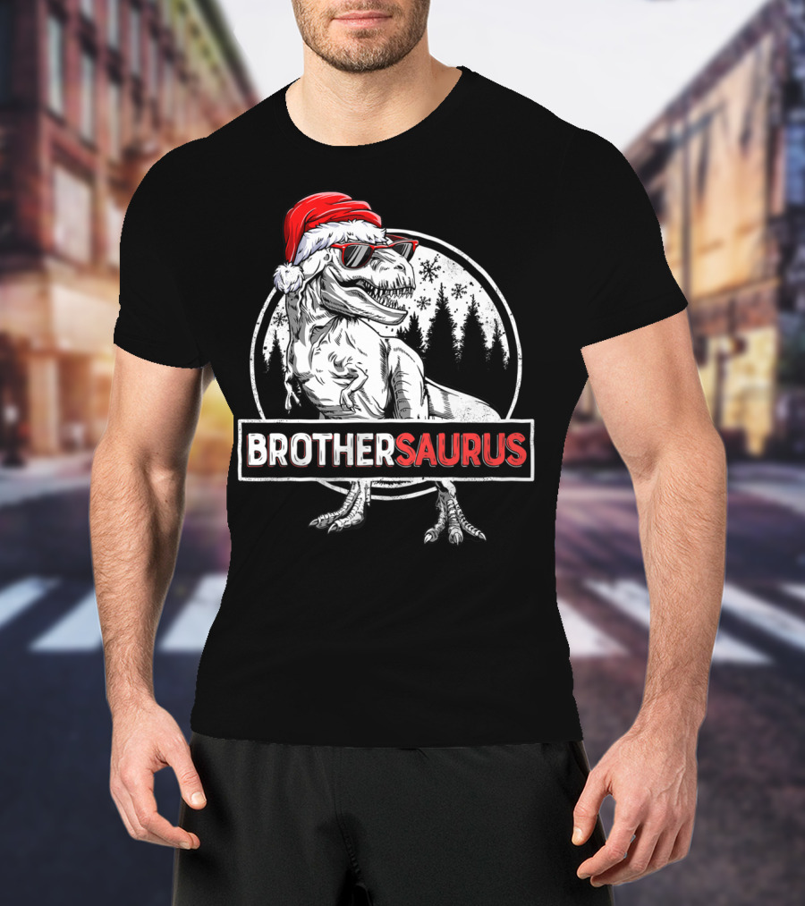 Brothersaurus Dinosaur Christmas Santa Hat Snowflakes Family Tees18 T-Shirt
