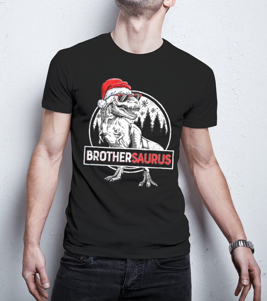 Brothersaurus Dinosaur Christmas Santa Hat Snowflakes Family Tees18 T-Shirt