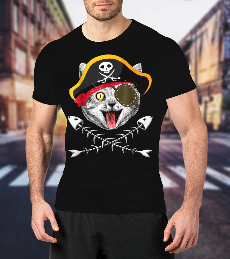 Cat Pirate Jolly Roger Flag Skull Crossbones Eyepatch Fishbones T-Shirt