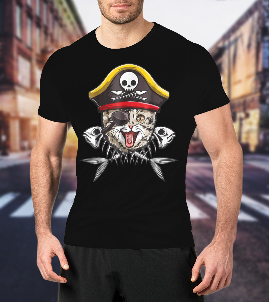Cat Pirate Jolly Roger Flag Skull Crossbones Captain15 Eye Patch Fish Bones Hat Skull T-Shirt