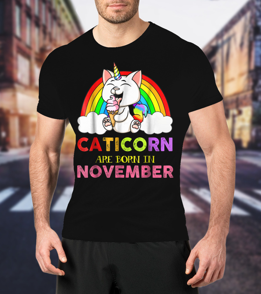 Caticorn Are Born In November Rainbow Ice Cream Cloud Cat Unicorn T-Shirt