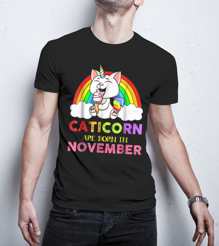 Caticorn Are Born In November Rainbow Ice Cream Cloud Cat Unicorn T-Shirt