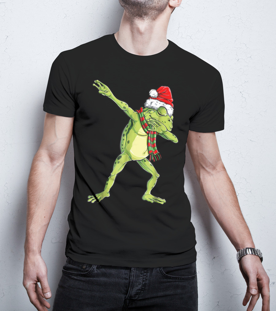 Christmas Dabbing Frog With Santa Hat And Scarf T-Shirt