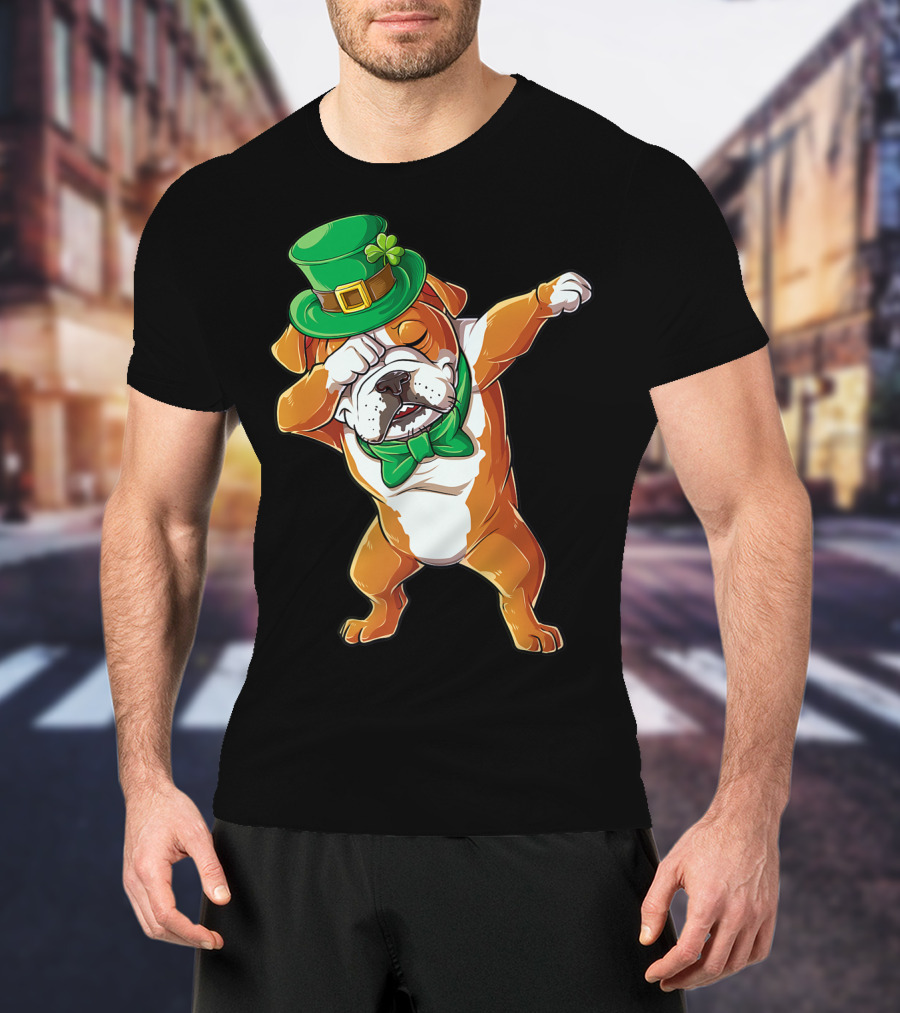 Dabbing English Bulldog St Patricks Day Leprechaun Hat Bow Tie T-Shirt