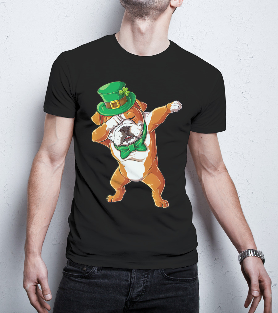 Dabbing English Bulldog St Patricks Day Leprechaun Hat Bow Tie T-Shirt