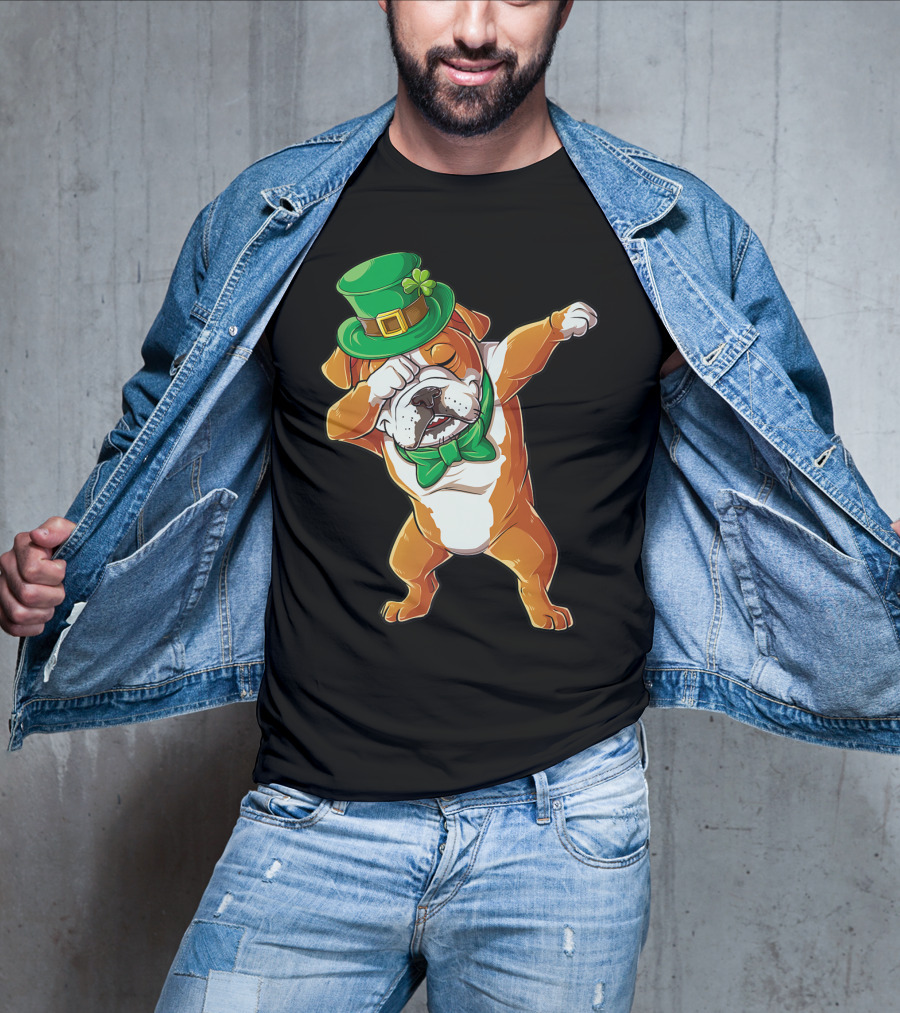 Dabbing English Bulldog St Patricks Day Leprechaun Hat Bow Tie T-Shirt